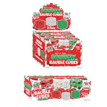 SQUEEZY GLITTER BAUBLE CUBES - CON PURPURINA - SET DE 3 CUBOS - CON RELLENO SUGAR - EN EXPOSITOR (6 SETS)